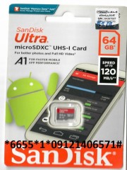SanDisk MicroSDXC memory card, speed 120 MBps, capacity 64 GB